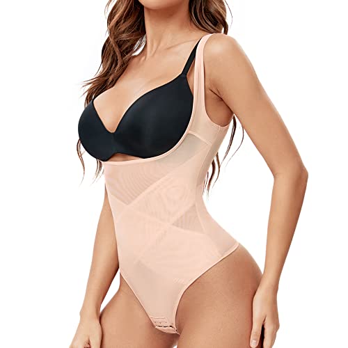 Joyshaper Body Shaper Damen Miederbody Stark Formend Bauch Weg Shapewear Cross-Mesh-Design Fajas Figurformender Offene Büste Thong Bodysuit Beige 2XL von Joyshaper