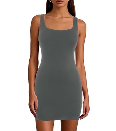 Joyshaper Bodycon Kleid Damen Ärmellos Tank Minikleid mit Eckiger Ausschnitt Sommerkleider Kurz Eng Geripptes Freizeitkleid Einfarbiges Figurbetontes Kleid, Grau Grün, M von Joyshaper