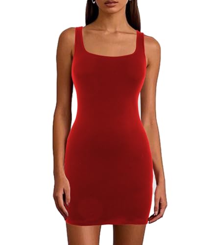 Joyshaper Bodycon Kleid Damen Ärmellos Tank Minikleid mit Eckiger Ausschnitt Sommerkleider Kurz Eng Geripptes Freizeitkleid Einfarbiges Figurbetontes Kleid, Rot, S von Joyshaper