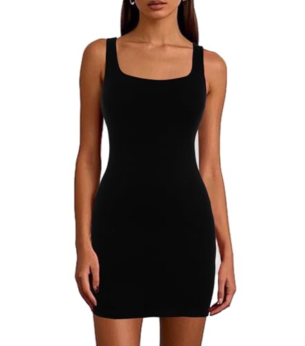 Joyshaper Bodycon Kleid Damen Ärmellos Tank Minikleid mit Eckiger Ausschnitt Sommerkleider Kurz Eng Geripptes Freizeitkleid Einfarbiges Figurbetontes Kleid, Schwarz, XL von Joyshaper