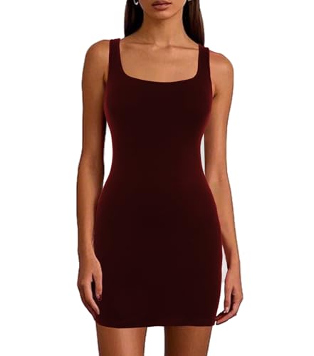 Joyshaper Bodycon Kleid Damen Ärmellos Tank Minikleid mit Eckiger Ausschnitt Sommerkleider Kurz Eng Geripptes Freizeitkleid Einfarbiges Figurbetontes Kleid, Weinrot, M von Joyshaper