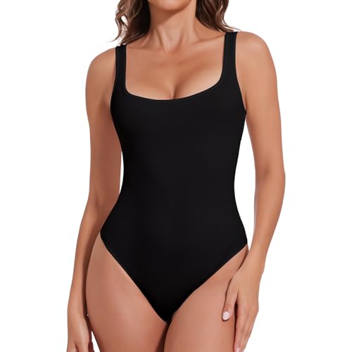 Joyshaper Damen Square Ausschnitt Tank Body Quadratischer Hals Ärmloser Bodysuit Top Stringbody Basic Unterziehbody Tank Top für Frauen Schwarz L von Joyshaper