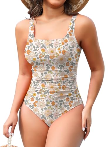 Joyshaper Damen Badeanzug Einteilige Bauchweg Bademode Eckiger Ausschnitt Monokinis Rückenfreier Swimsuit Shapewear Blumen,L von Joyshaper