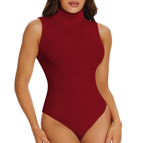 Joyshaper Damen Body Ärmelloser Rollkragenpullover Shirt Thong Bodysuit Hoher Kragen Hemd für Frauen Rot L von Joyshaper