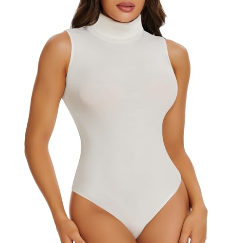 Joyshaper Damen Body Ärmelloser Rollkragenpullover Shirt Thong Bodysuit Hoher Kragen Hemd für Frauen Weiß L von Joyshaper