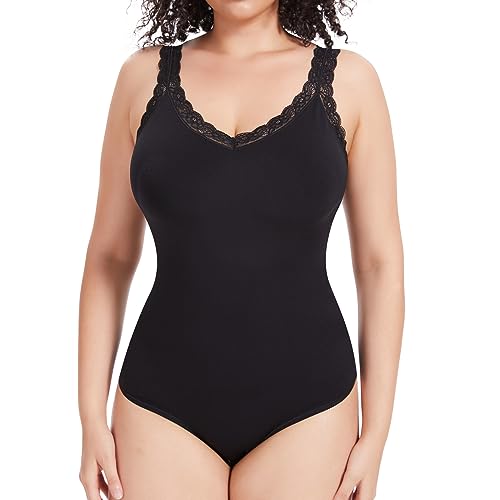 Joyshaper Damen Body Bauchweg Shapewear Bodysuit Spitzen V-Ausschnitt Bodysuit Top Formende Miederbody Schwarz L von Joyshaper