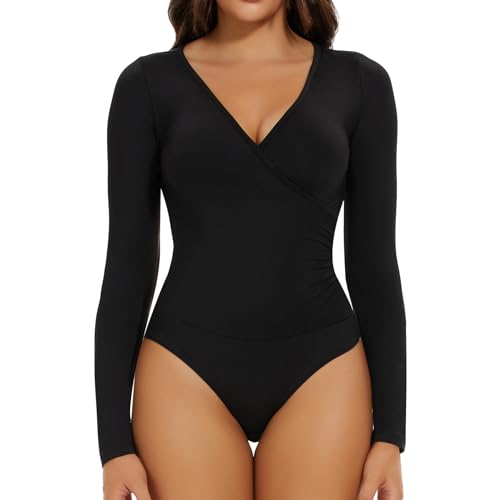 Joyshaper Damen Body Elegant Sexy V-ausschnitt Bodysuit Langarm Bodies Long Sleeve Oberteil Tops Langarmshirt für Frauen Schwarz L von Joyshaper