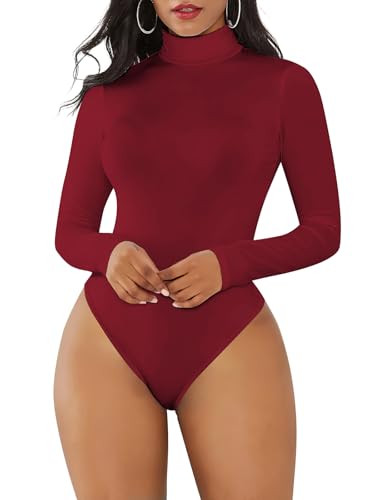 Joyshaper Damen Body Langarm Bodysuit Elegant Damenbody Rollkragen Langarmshirt Tanga Bodysuits Thong Oberteil Top mit Druckknöpfe Casual Winter Rotwein M von Joyshaper