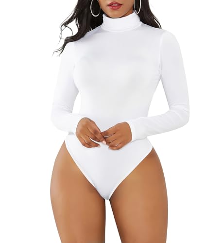 Joyshaper Damen Body Langarm Bodysuit Elegant Damenbody Rollkragen Langarmshirt Tanga Bodysuits Thong Oberteil Top mit Druckknöpfe Casual Winter Weiß S von Joyshaper