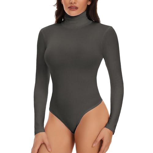 Joyshaper Damen Body Langarm Elegant Bodysuit Stehkragen Oberteil Bluse Langarmbody Langarmshirt Overalls Hemd Long Sleeve Tops Dunkelgrau,S von Joyshaper