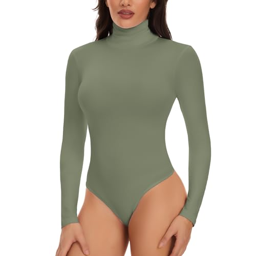 Joyshaper Damen Body Langarm Elegant Bodysuit Stehkragen Oberteil Bluse Langarmbody Langarmshirt Overalls Hemd Long Sleeve Tops Grün,L von Joyshaper