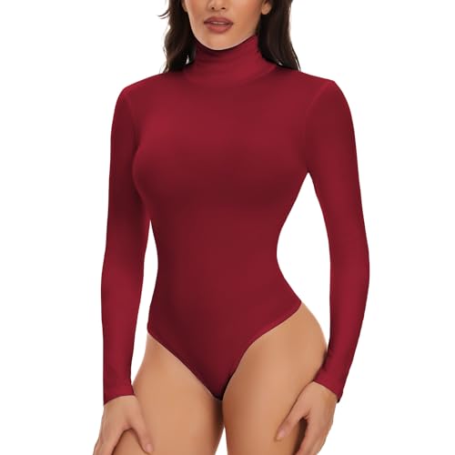 Joyshaper Damen Body Langarm Elegant Bodysuit Stehkragen Oberteil Bluse Langarmbody Langarmshirt Overalls Hemd Long Sleeve Tops Rot,XL von Joyshaper