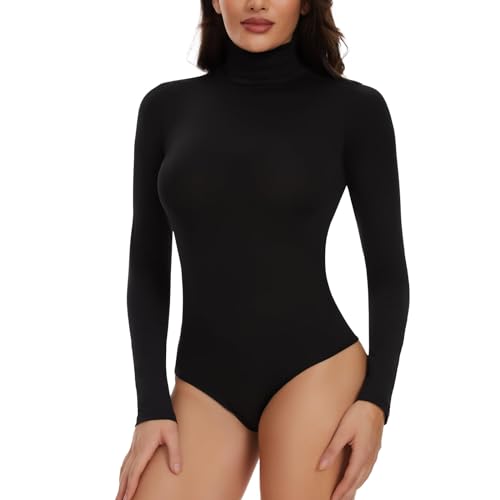 Joyshaper Damen Body Langarm Elegant Bodysuit Stehkragen Oberteil Bluse Langarmbody Langarmshirt Overalls Hemd Long Sleeve Tops Schwarz,XXL von Joyshaper