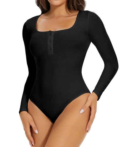 Joyshaper Body Damen Langarm Rundhals Bodysuit Elegant Ribbed Oberteil Top Damenbody Tanga Thong Bodysuits mit Druckknöpfe Casual Winter Unterziehbody Schwarz XXL von Joyshaper