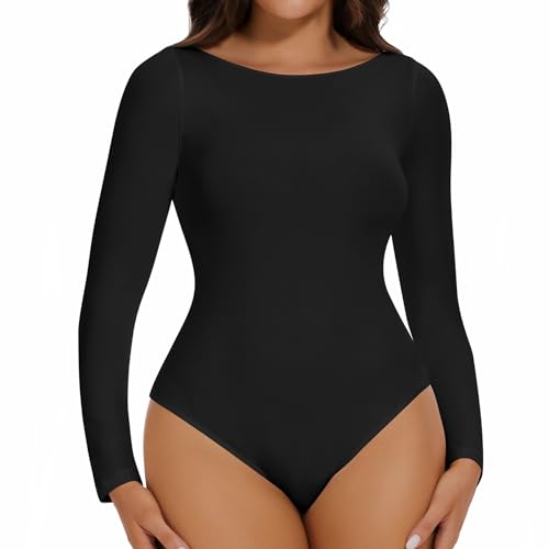 Joyshaper Damen Body Langarm Breiter Round Ausschnitt Bodysuit Top Langarmshirt Stringbody Oberteil für Frauen Schwarz M von Joyshaper