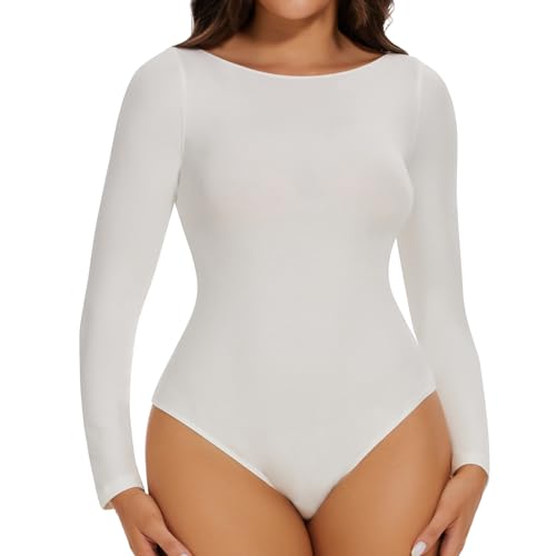 Joyshaper Damen Body Langarm Breiter Round Ausschnitt Bodysuit Top Langarmshirt Stringbody Oberteil für Frauen Weiß M von Joyshaper