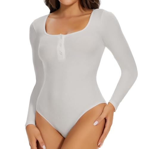 Joyshaper Damen Body Roundhals Bodysuit mit Schnalle Langarm Bodies Long Sleeve Oberteil Tops Langarmshirt für Frauen Weiß L von Joyshaper