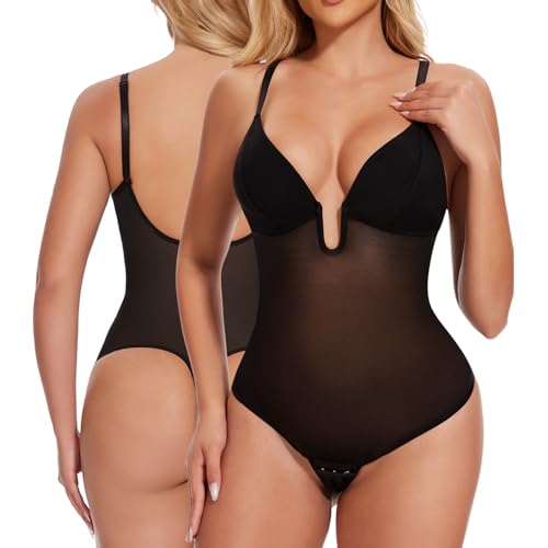 Joyshaper Damen Body Shaper Rückenfrei Formender Body Bauchweg Tanga Tiefer U-Ausschnitt Miederbody Shapewear Ärmellos Bodysduit Top Schwarz L von Joyshaper