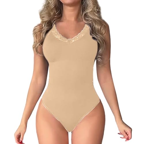 Joyshaper Damen Body Shaper Bauchweg Shapewear Bodysuit Spitze Figurformende Shaping Body V-Ausschnitt Taillenmieder Tanga Ärmellose Formende Bodys Beige/Spitze,L von Joyshaper