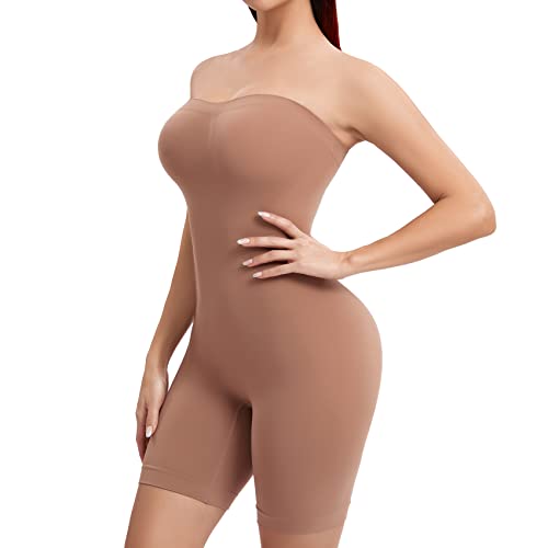 Joyshaper Damen Body Shapewear Bauchweg Body Shaper Trägerloser Miederbody mit Bein Tummy Control Shaping Bodysuit mit Abnehmbarem Trägergurt Kaffee M von Joyshaper