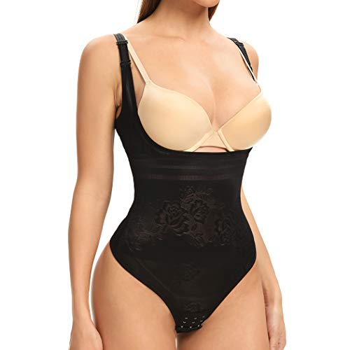 Joyshaper Shapewear String Body Damen Shaping Body Bauchweg Bodysuit Taillenformer Miederbody Stark Formend Figurformender Body Shaper Tanga Unterwäsche Shape Stringbody mit Haken Schwarz L von Joyshaper