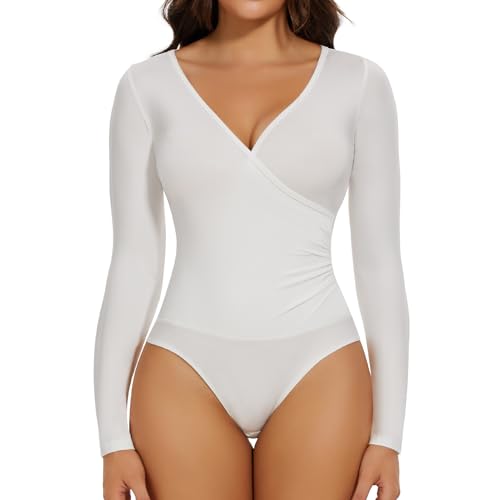 Joyshaper Damen Langarm Body Sexy V-ausschnitt Bodysuit Top Elegant Stringbody Longsleeve Shirt für Frauen Weiß L von Joyshaper