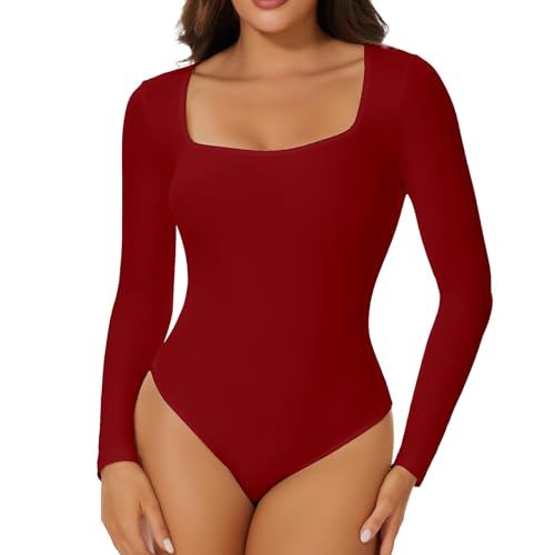 Joyshaper Damen Langarm Body Square Neck Bodysuit Top Stringbody Basic Unterziehbody Longsleeve Shirt für Frauen Rot XL von Joyshaper