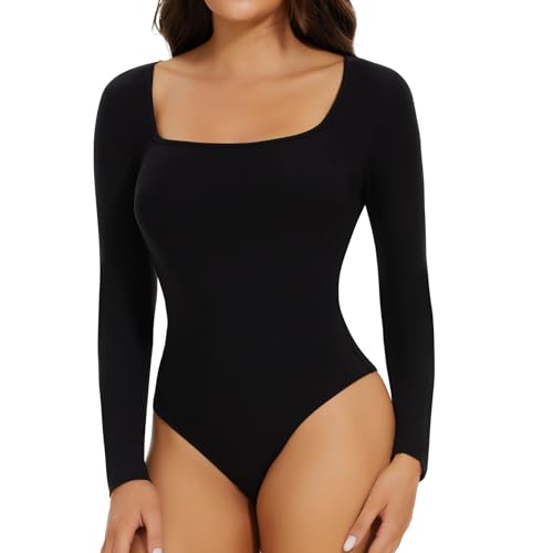 Joyshaper Damen Langarm Body Square Neck Bodysuit Top Stringbody Basic Unterziehbody Longsleeve Shirt für Frauen Schwarz L von Joyshaper