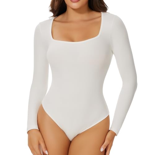 Joyshaper Damen Langarm Body Square Neck Bodysuit Top Stringbody Basic Unterziehbody Longsleeve Shirt für Frauen Weiß XL von Joyshaper