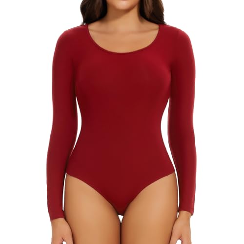 Joyshaper Damen Langarm Body U-Ausschnitt Bodysuit Top Stringbody Basic Unterziehbody Longsleeve Shirt für Frauen Rot L von Joyshaper