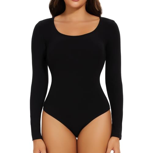 Joyshaper Damen Langarm Body U-Ausschnitt Bodysuit Top Stringbody Basic Unterziehbody Longsleeve Shirt für Frauen Schwarz M von Joyshaper