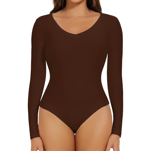 Joyshaper Damen Langarm Body V-Ausschnitt Bodysuit Top Stringbody Basic Unterziehbody Longsleeve Shirt für Frauen #2 Braun/V Neck S von Joyshaper