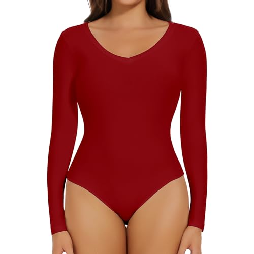 Joyshaper Damen Langarm Body V-Ausschnitt Bodysuit Top Stringbody Basic Unterziehbody Longsleeve Shirt für Frauen Rot L von Joyshaper