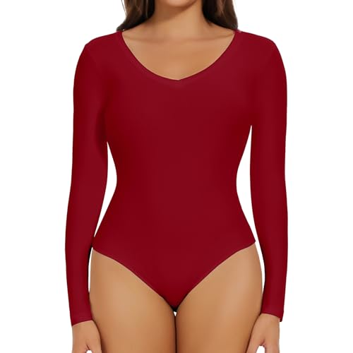 Joyshaper Damen Langarm Body V-Ausschnitt Bodysuit Top Stringbody Basic Unterziehbody Longsleeve Shirt für Frauen Rot M von Joyshaper