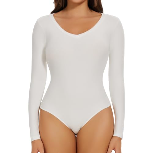 Joyshaper Damen Langarm Body V-Ausschnitt Bodysuit Top Stringbody Basic Unterziehbody Longsleeve Shirt für Frauen Weiß M von Joyshaper