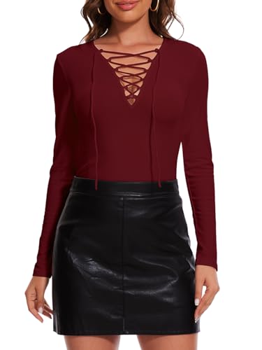 Joyshaper Damen Langarmshirt mit V-Ausschnitt Lässig Bluse Tshirt Langarm Unterziehshirt Party Club Oberteil Criss Cross Tops, Weinrot, XXL von Joyshaper