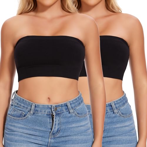 Joyshaper Damen Nahtlos Bandeau BH Ohne Bügel Trägerloser Crop Top Push Up Bustier Bra Schulterfrei Tube Tops Bauchfrei Kurz Oberteil Shirt Schwarz+Schwarz XL von Joyshaper