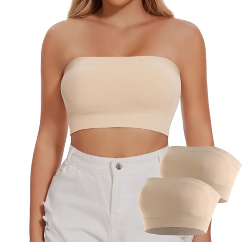 Joyshaper Damen Nahtlos Bandeau BH Trägerloser ohne Bügel Bra Tube Top Push Up Schulterfrei Crop Top Oberteil Beige+Beige,M von Joyshaper