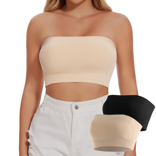 Joyshaper Damen Nahtlos Bandeau BH Trägerloser ohne Bügel Bra Tube Top Push Up Schulterfrei Crop Top Oberteil Schwarz+Beige,L von Joyshaper