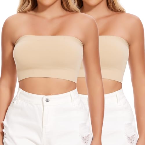 Joyshaper Damen Nahtlos Bandeau BH ohne Bügel Trägerloser Crop Top Push Up Bustier Bra Top Schulterfrei Tube Top Bauchfrei Kurz Oberteil Shirt Beige+Beige M von Joyshaper