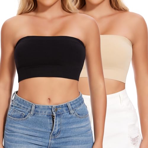 Joyshaper Damen Nahtlos Bandeau BH ohne Bügel Trägerloser Crop Top Push Up Bustier Bra Top Schulterfrei Tube Top Bauchfrei Kurz Oberteil Shirt Schwarz+Beige S von Joyshaper