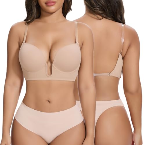 Joyshaper Damen Push Up BH Rückenausschnitt Tiefer Ausschnitt Büstenhalter mit Bügel Wandelbare Gepolsterte Bralette, Beige, L von Joyshaper
