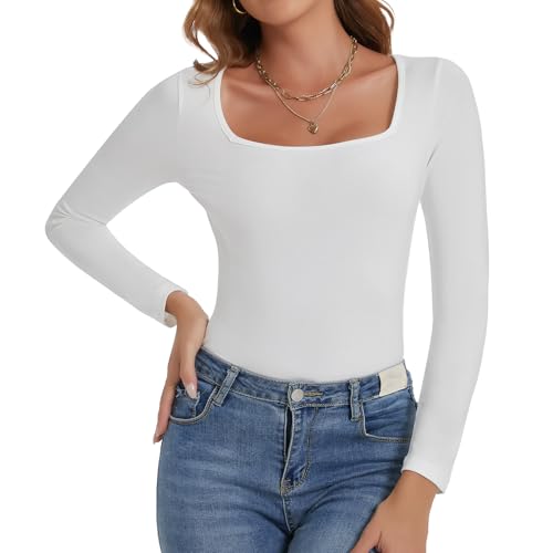 Joyshaper Damen Quadratischem Ausschnitt Langarmteeshirt Langarm Unterhemd Basic Langärmeliges T-Shirt für Dame Weiß 2XL von Joyshaper