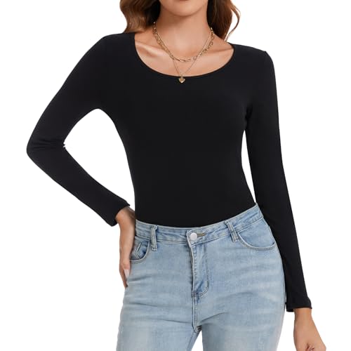 Joyshaper Damen Rundhalsausschnitt Langarmteeshirt Langarm Unterhemd Basic Langärmeliges T-Shirt mit Rundhalsausschnitt für Dame Schwarz 2XL von Joyshaper