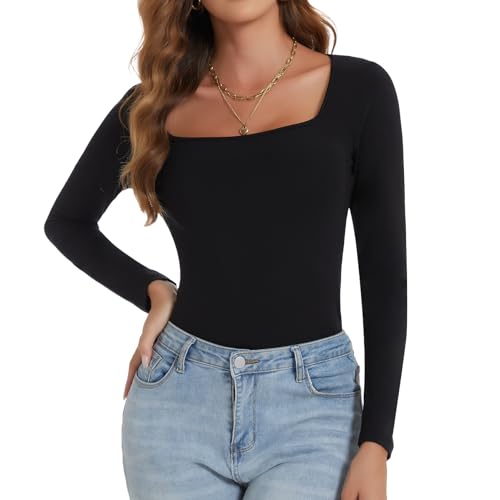 Joyshaper Damen Rundhalsausschnitt Langarmteeshirt Langarm Unterhemd Basic Langärmeliges T-Shirt mit Rundhalsausschnitt für Dame Schwarz L von Joyshaper