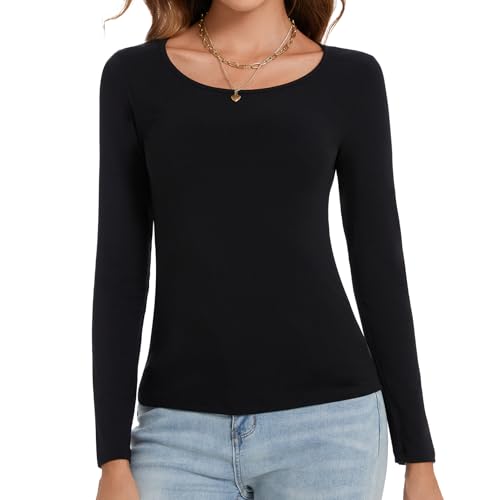 Joyshaper Damen Rundhalsausschnitt Langarmteeshirt Langarm Unterhemd Basic Langärmeliges T-Shirt mit Rundhalsausschnitt für Dame Schwarz M von Joyshaper