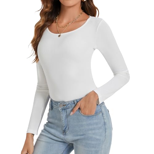 Joyshaper Damen Rundhalsausschnitt Langarmteeshirt Langarm Unterhemd Basic Langärmeliges T-Shirt mit Rundhalsausschnitt für Dame Weiß XL von Joyshaper