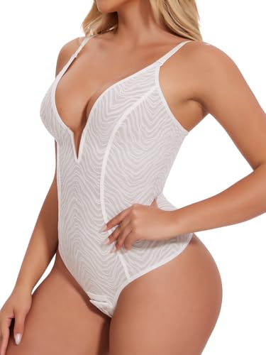 Joyshaper Damen Shapewear Body Tiefer V-Ausschnitt Spitzenbody Thong Bodysuit Tanga Ärmellos Cami Top Body Weiß M von Joyshaper