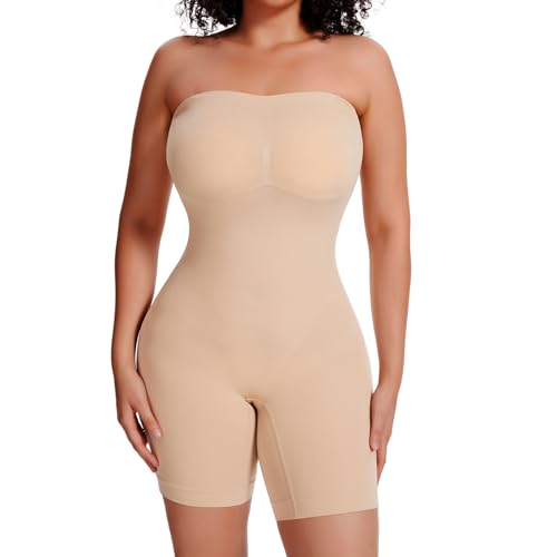 Joyshaper Damen Shapewear Bodysuit Trägerlos Bauchweg Body Shaper BH Push Up Miederbody mit Bein Figurformender Formende Bodys Party Hochzeit Beige/mit Brustpolster,L von Joyshaper