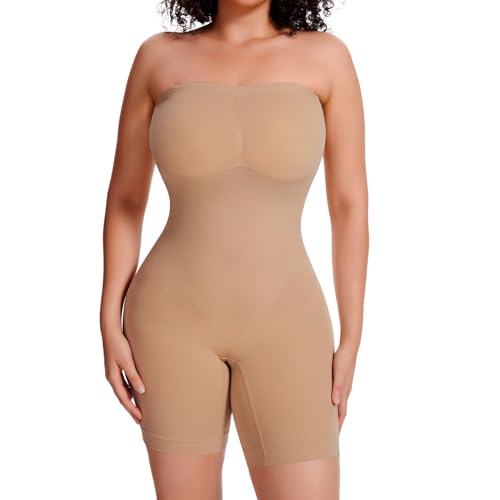 Joyshaper Damen Shapewear Bodysuit Trägerlos Bauchweg Body Shaper BH Push Up Miederbody mit Bein Figurformender Formende Bodys Party Hochzeit Coffee/mit Brustpolster, S von Joyshaper